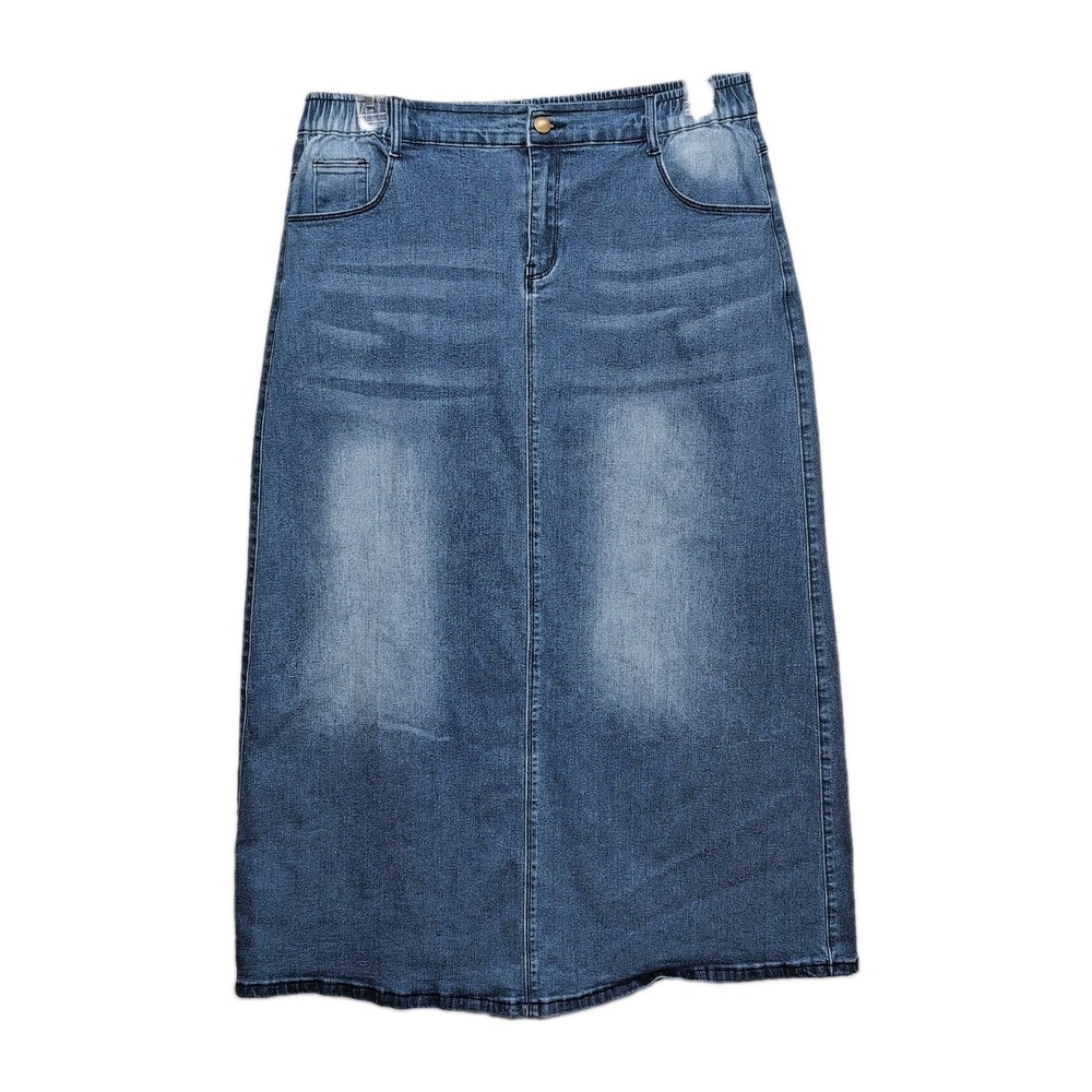 Women's XL Blue Stretch Denim Midi Skirt Elastic Waist Pockets Casual Modest